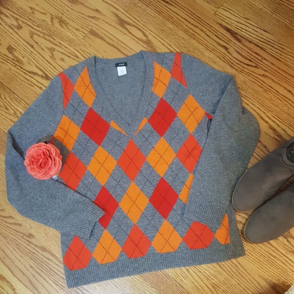 J Crew Wool Grey Orange/Red Argyle V Neck Sweater,